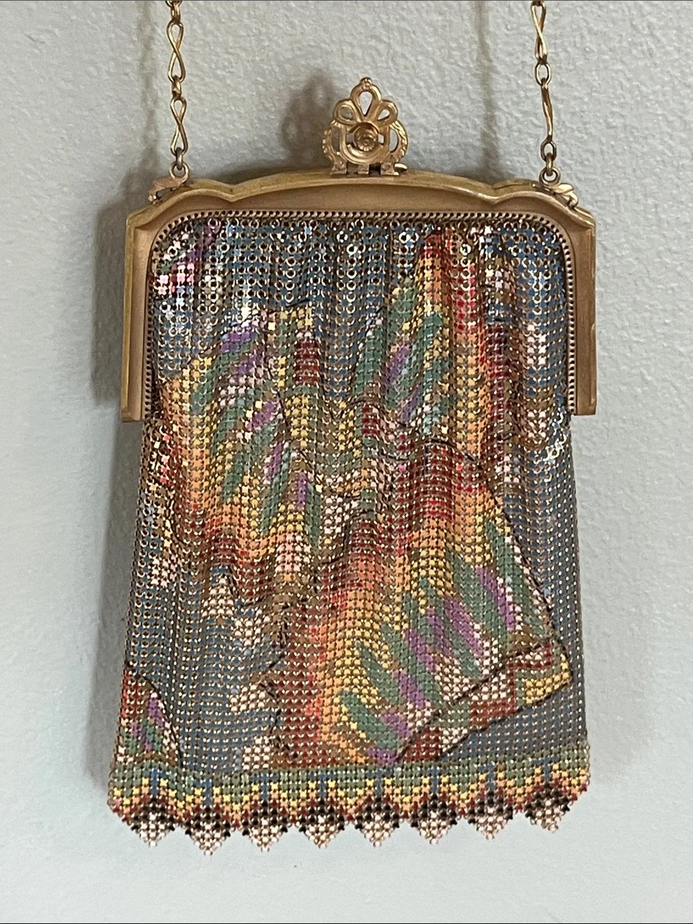 Antique 1920s colorful Whiting & Davis Metal Mesh Enamel Purse Art Deco gold bag